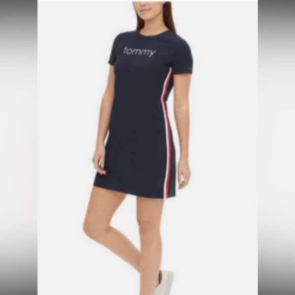NWOT- Tommy Hilfiger Navy Short Sleeve Dress with Red/ White/blue down the sides - Picture 1 of 6